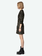 Rosli Velvet Dress - Black minidress with low-cut neckline, sequins and puff sleeves.