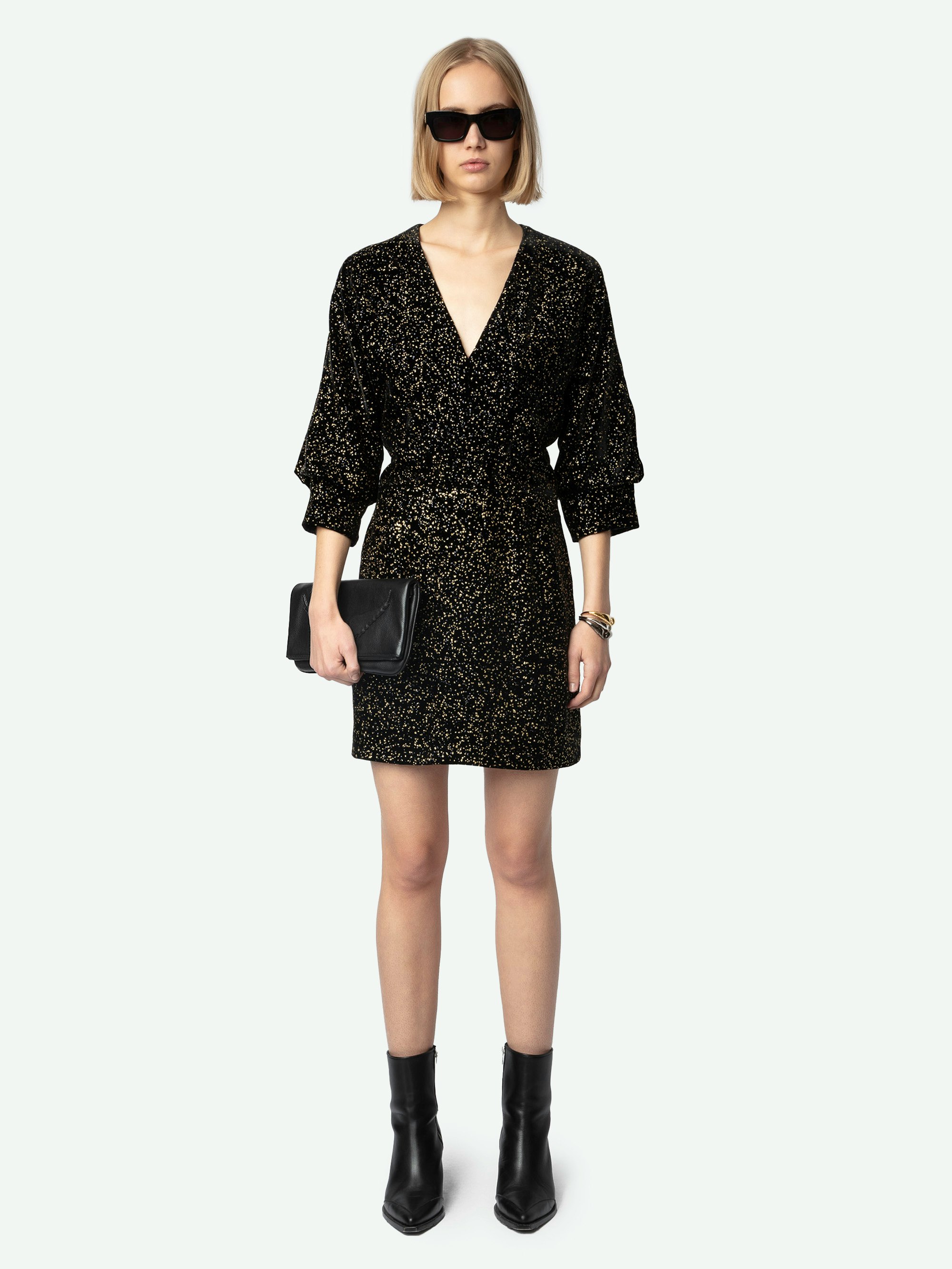 Rosli Dress - Black minidress with low-cut neckline, sequins and puff sleeves.