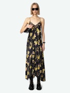 Vestido Risty - Vestido largo de estilo lencero de crepé negro con estampado floral Yoko, tirantes finos y escote de encaje.