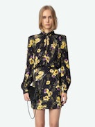 Ryda Dress - Black crepe minidress with diamanté, Yoko floral print, tied collar and long sleeves.