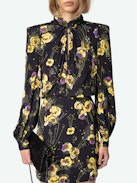 Ryda Dress - Black crepe minidress with diamanté, Yoko floral print, tied collar and long sleeves.