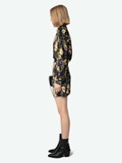 Ryda Dress - Black crepe minidress with diamanté, Yoko floral print, tied collar and long sleeves.
