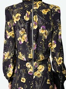 Ryda Dress - Black crepe minidress with diamanté, Yoko floral print, tied collar and long sleeves.