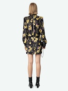 Ryda Dress - Black crepe minidress with diamanté, Yoko floral print, tied collar and long sleeves.