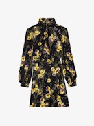 Ryda Dress - Black crepe minidress with diamanté, Yoko floral print, tied collar and long sleeves.
