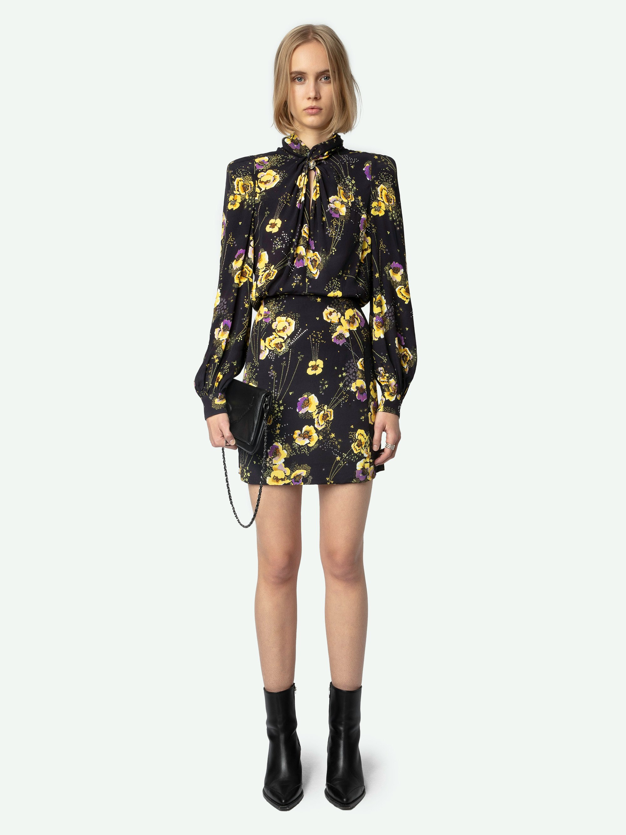 Ryda Dress - Black crepe minidress with diamanté, Yoko floral print, tied collar and long sleeves.