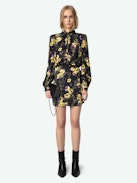 Ryda Dress - Black crepe minidress with diamanté, Yoko floral print, tied collar and long sleeves.