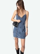 Rameli Silk Dress - Short lingerie-inspired silk dress with floral rhinestones and adjustable straps with rhinestones.