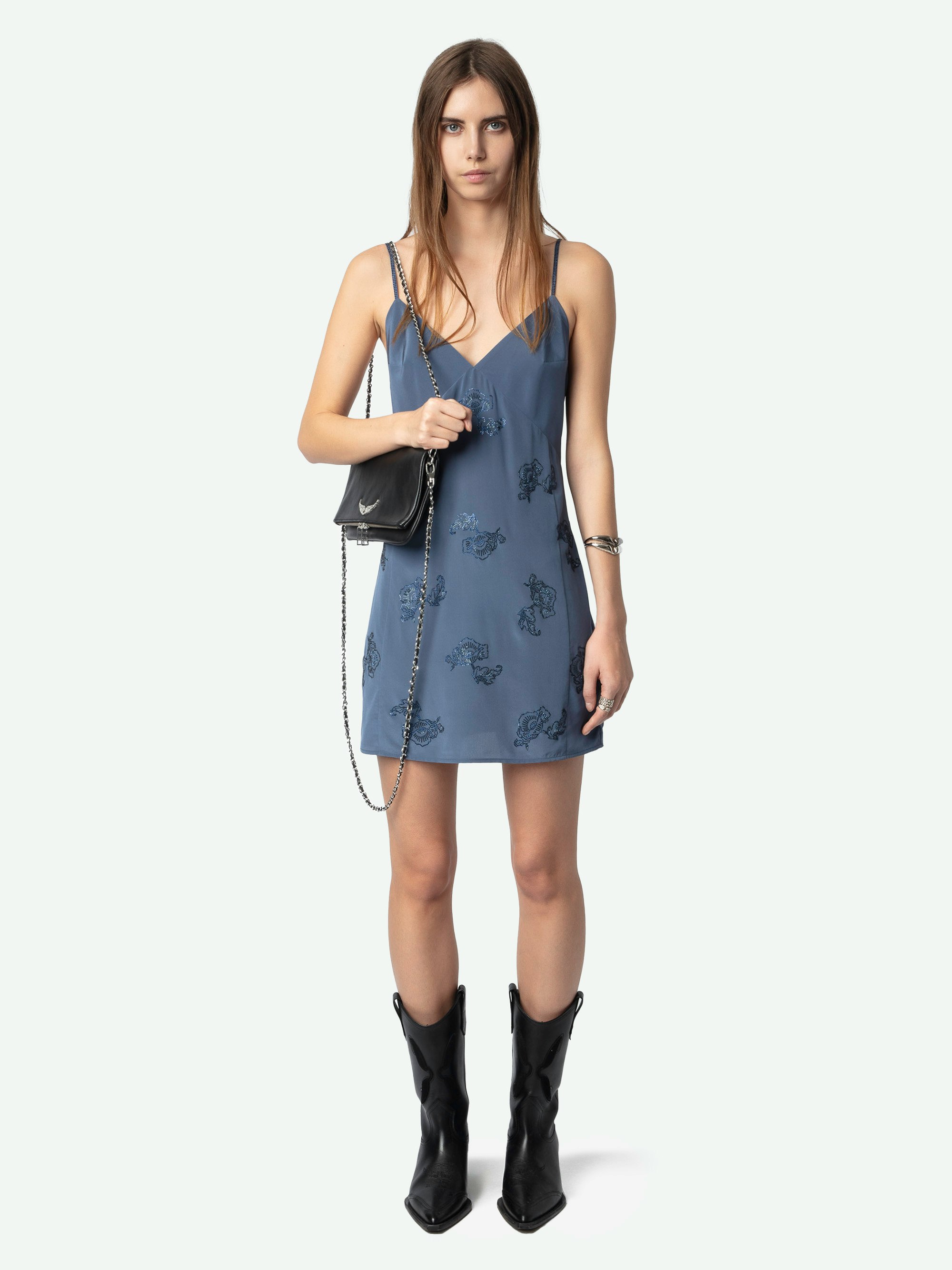 Rameli Silk Dress - Short lingerie-inspired silk dress with floral rhinestones and adjustable straps with rhinestones.