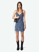 Rameli Silk Dress - Short lingerie-inspired silk dress with floral rhinestones and adjustable straps with rhinestones.