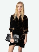 Robe Rulipe Velours - Robe courte en velours imprimé, encolure boutonnée, jupe portefeuille et manches longues.