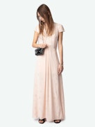 Ravir Dress 100% Silk - Long lingerie-inspired dress in jacquard silk, with slit, short sleeves and exclusive French lace.
