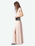 Ravir Dress 100% Silk - Long lingerie-inspired dress in jacquard silk, with slit, short sleeves and exclusive French lace.