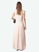 Ravir Dress 100% Silk - Long lingerie-inspired dress in jacquard silk, with slit, short sleeves and exclusive French lace.