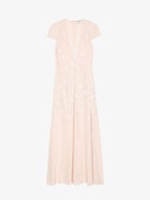Ravir Dress 100% Silk - Long lingerie-inspired dress in jacquard silk, with slit, short sleeves and exclusive French lace.