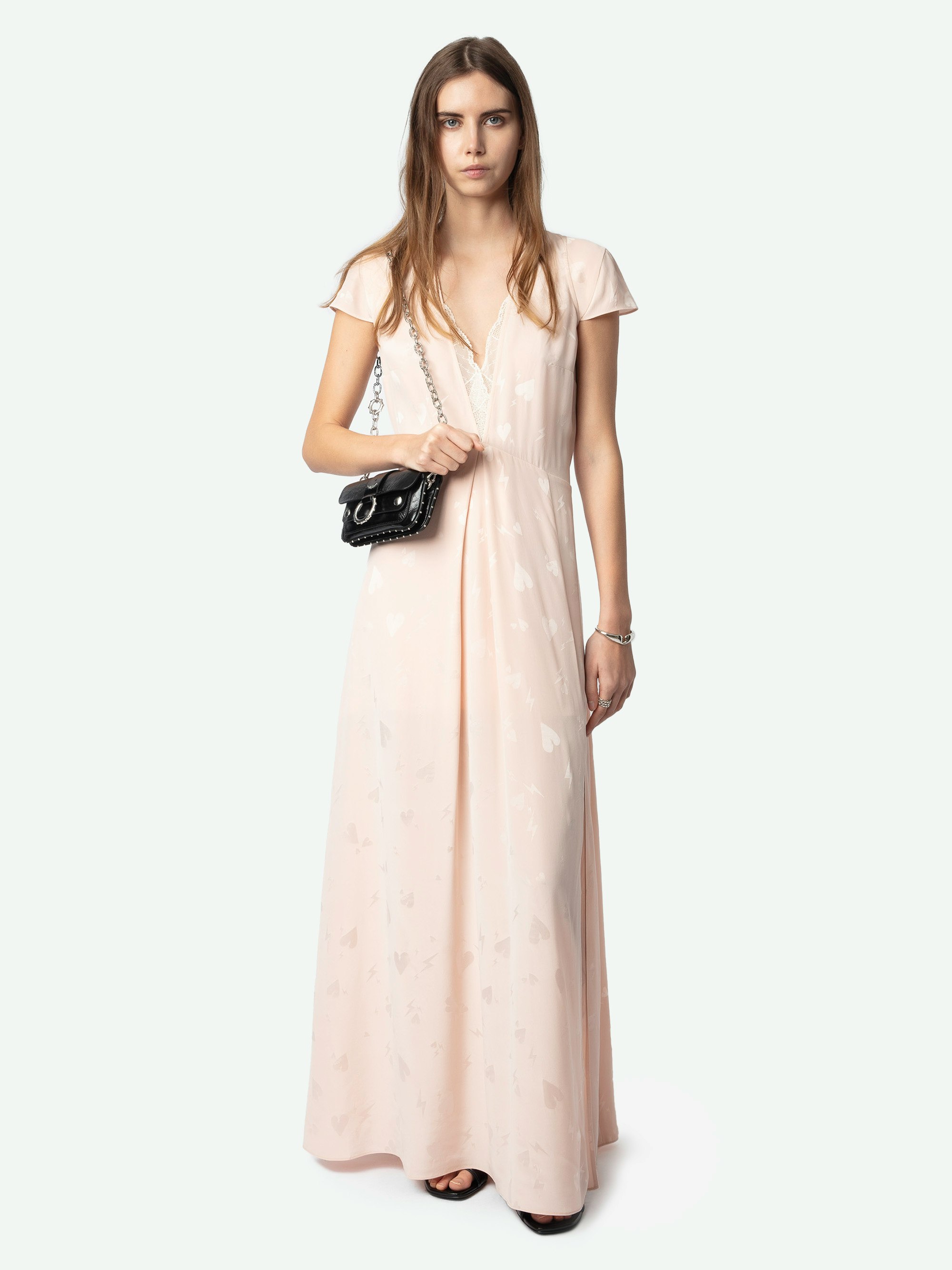 Ravir Silk Dress - Long lingerie-inspired dress in jacquard silk, with slit, short sleeves and exclusive French lace.