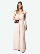 Ravir Dress 100% Silk - Long lingerie-inspired dress in jacquard silk, with slit, short sleeves and exclusive French lace.