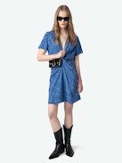 Rozom Dress 100% Silk - Short draped dress in jacquard silk, short sleeves.