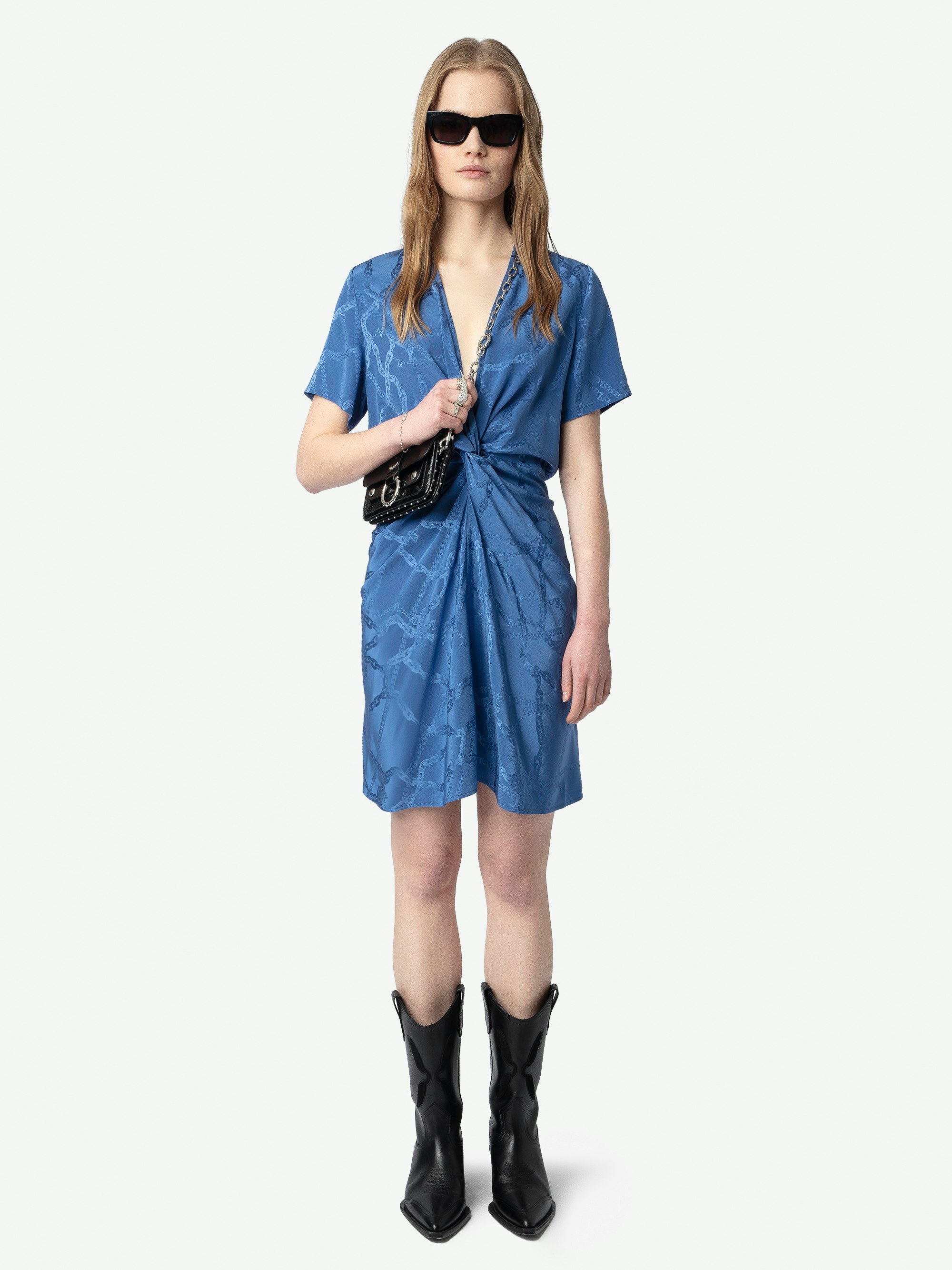 Rozom Silk Dress - Short draped dress in jacquard silk, short sleeves.
