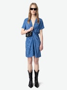 Rozom Dress 100% Silk - Short draped dress in jacquard silk, short sleeves.