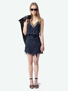 Risty Silk Dress - Short lingerie-inspired dress in silk jacquard, back wing embroidery, thin straps and exclusive French lace.