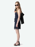 Risty Silk Dress - Short lingerie-inspired dress in silk jacquard, back wing embroidery, thin straps and exclusive French lace.