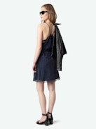 Risty Silk Dress - Short lingerie-inspired dress in silk jacquard, back wing embroidery, thin straps and exclusive French lace.