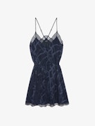 Risty Silk Dress - Short lingerie-inspired dress in silk jacquard, back wing embroidery, thin straps and exclusive French lace.
