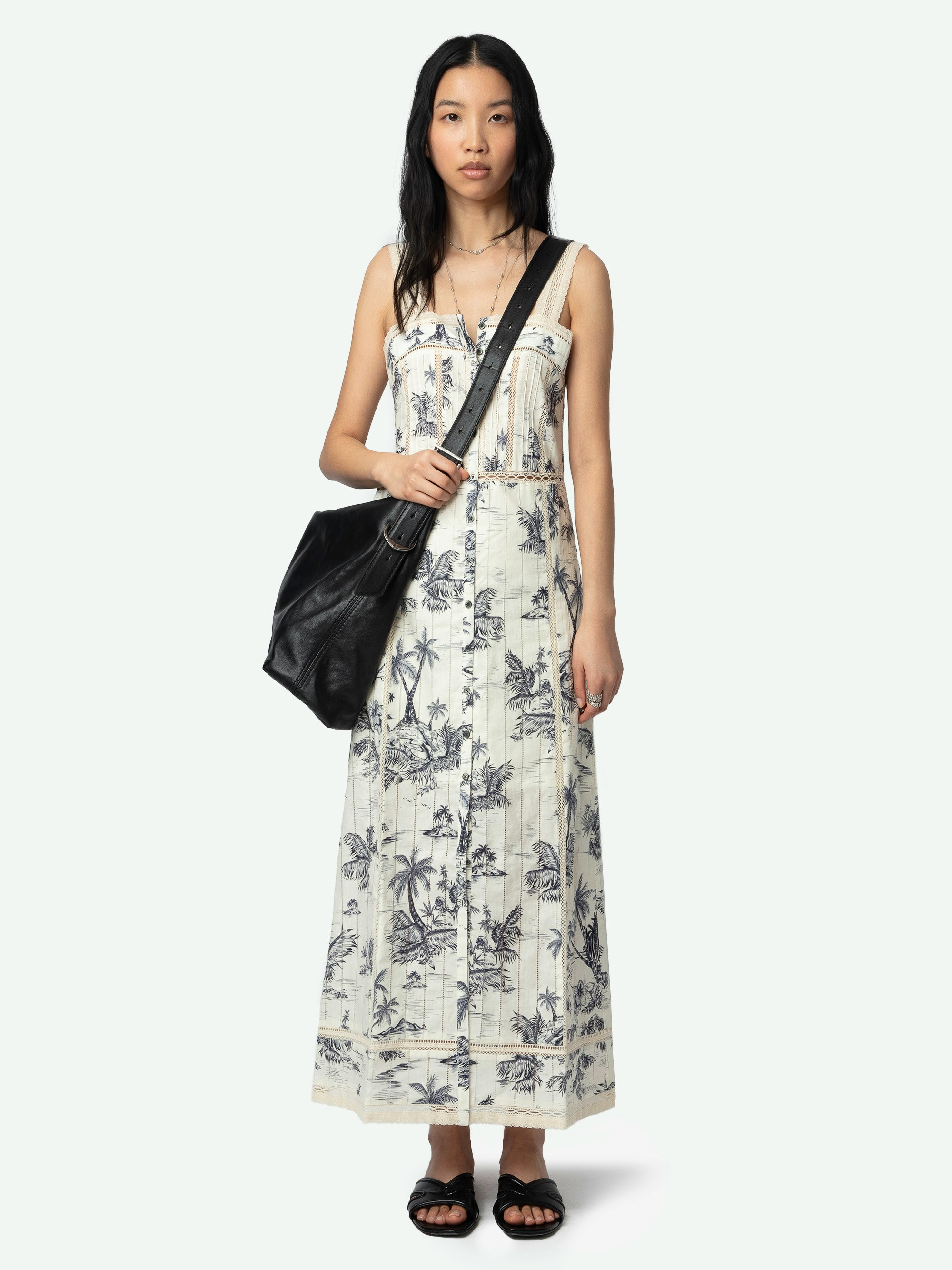 Renaid Dress - Long lingerie-inspired dress in printed cotton with lace inserts and button-front closure.