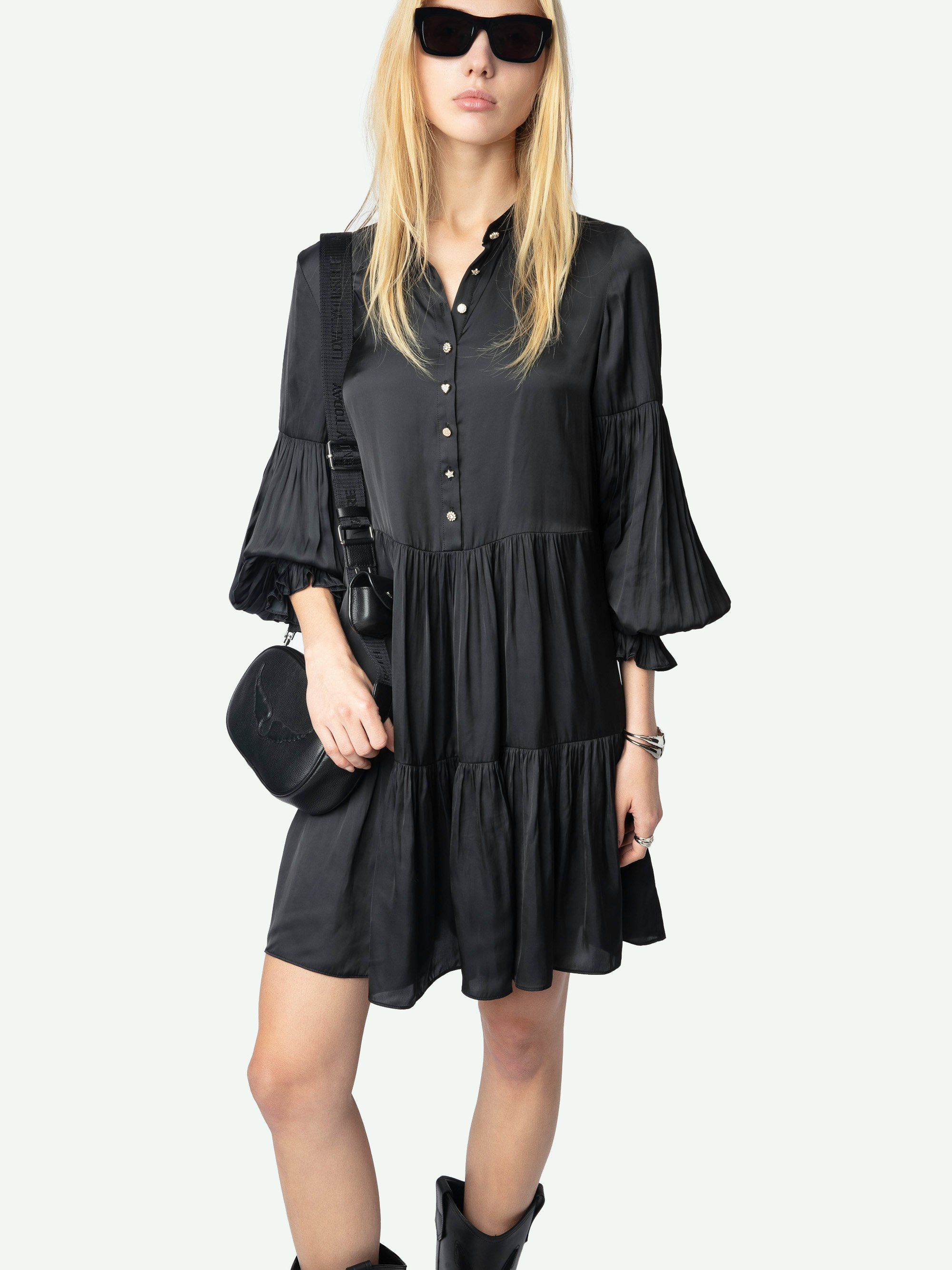 Randy Satin Dress - Short black satin dress with long sleeves and buttoned neckline.