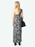 Vestido Ramelil - Vestido largo de espíritu lencero en viscosa estampada, con abertura, tirantes ajustables, bordado de alas en la espalda y encaje.