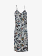 Vestido Ramelil - Vestido largo de espíritu lencero en viscosa estampada, con abertura, tirantes ajustables, bordado de alas en la espalda y encaje.