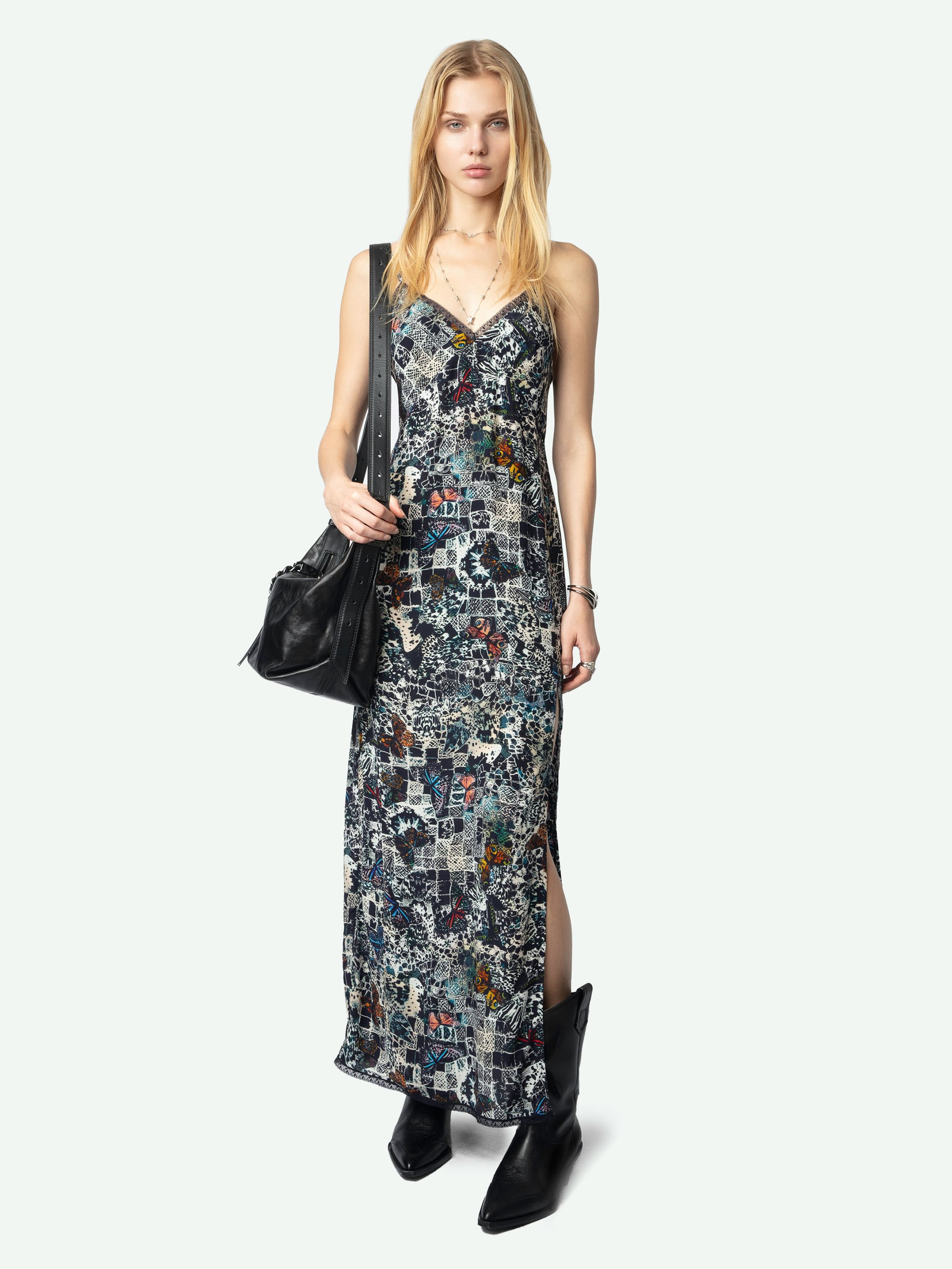 Ramelil Dress - Long lingerie-inspired printed viscose dress with a slit, adjustable straps, embroidered wings on the back, and lace detailing.