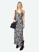 Vestido Ramelil - Vestido largo de espíritu lencero en viscosa estampada, con abertura, tirantes ajustables, bordado de alas en la espalda y encaje.