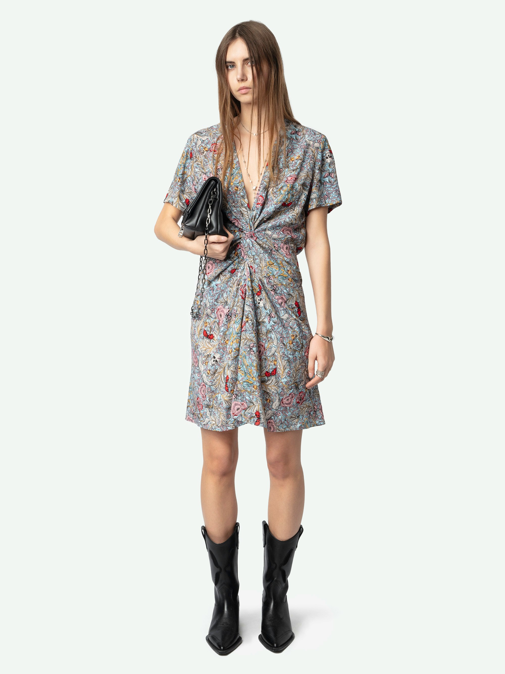 Robe Rozom Satin - Robe courte drapée en satin japonais, manches courtes.