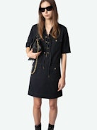 Record Dress - Short military-inspired dress in washed cotton, short sleeves, laced neckline, and multiple pockets.