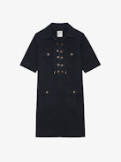 Record Dress - Short military-inspired dress in washed cotton, short sleeves, laced neckline, and multiple pockets.