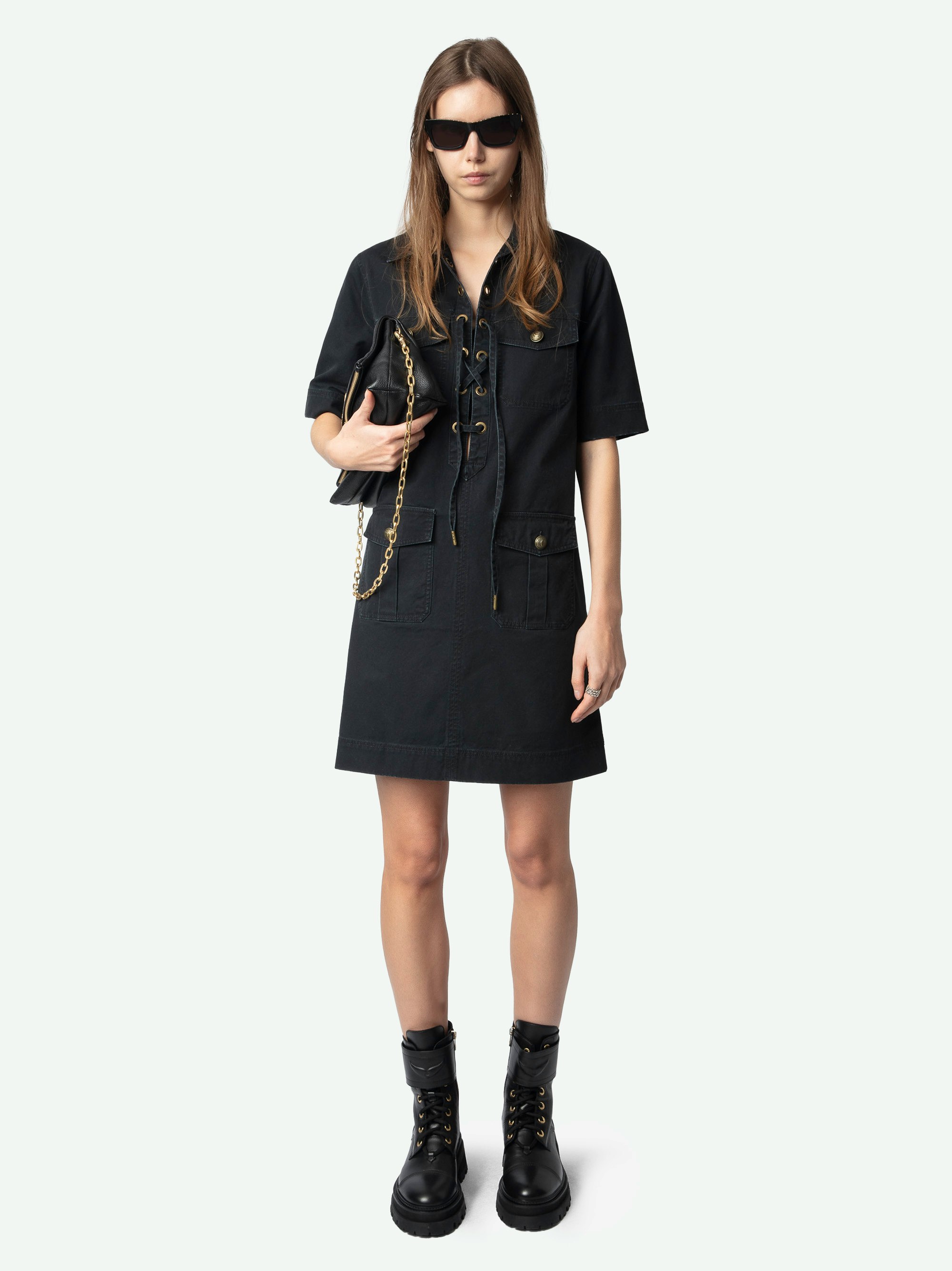 Record Dress - Short military-inspired dress in washed cotton, short sleeves, laced neckline, and multiple pockets.