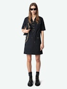 Record Dress - Short military-inspired dress in washed cotton, short sleeves, laced neckline, and multiple pockets.
