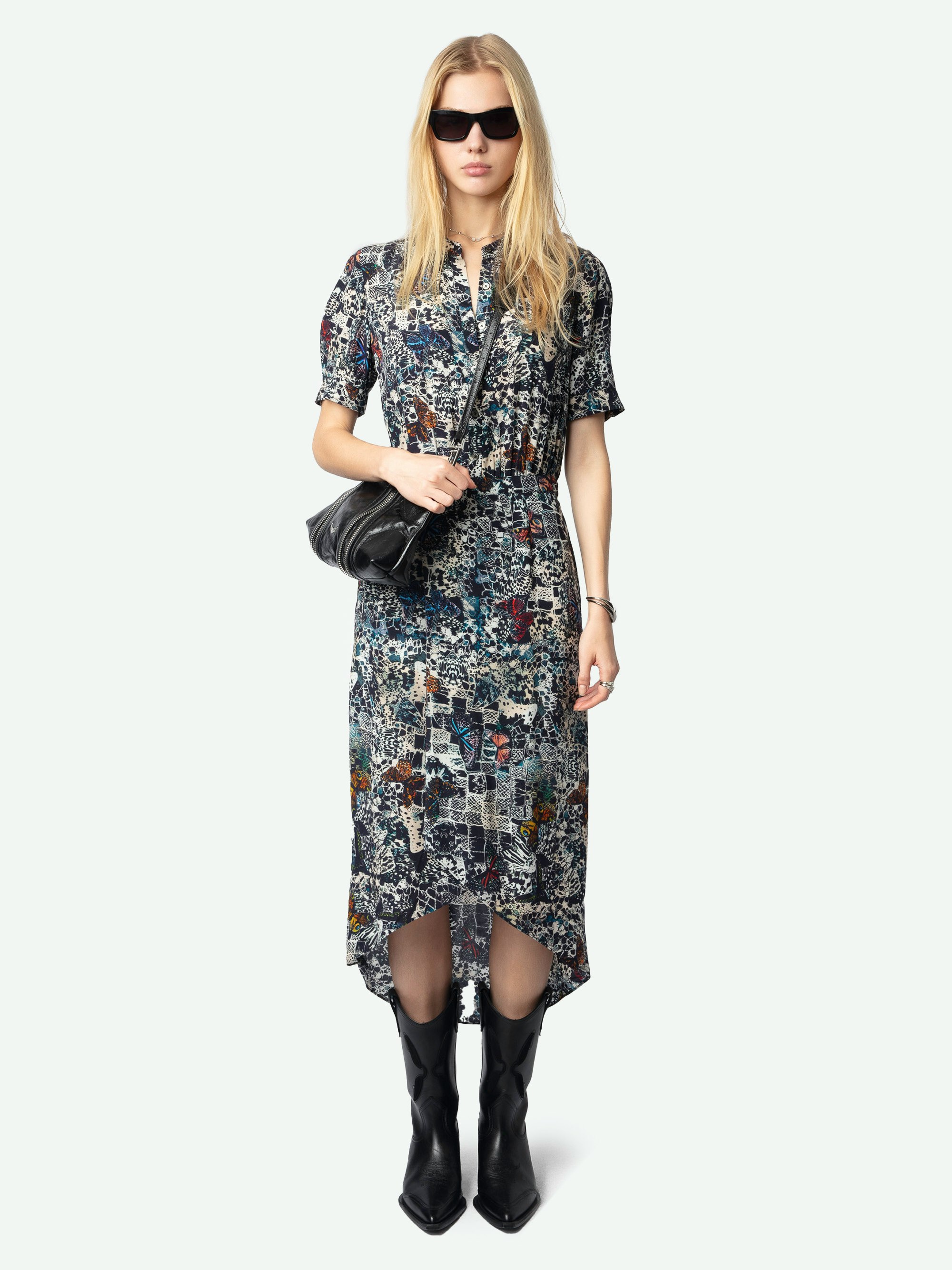Rimaz Dress - Asymmetric wrap mid-length dress in printed viscose with short sleeves and buttoned neckline.