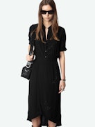 Rimaz Dress - Mid-length asymmetrical dress in rhinestone viscose, short sleeves, wrap skirt and buttoned neckline.