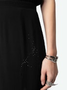 Rimaz Dress - Mid-length asymmetrical dress in rhinestone viscose, short sleeves, wrap skirt and buttoned neckline.