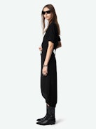 Rimaz Dress - Mid-length asymmetrical dress in rhinestone viscose, short sleeves, wrap skirt and buttoned neckline.