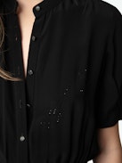 Rimaz Dress - Mid-length asymmetrical dress in rhinestone viscose, short sleeves, wrap skirt and buttoned neckline.