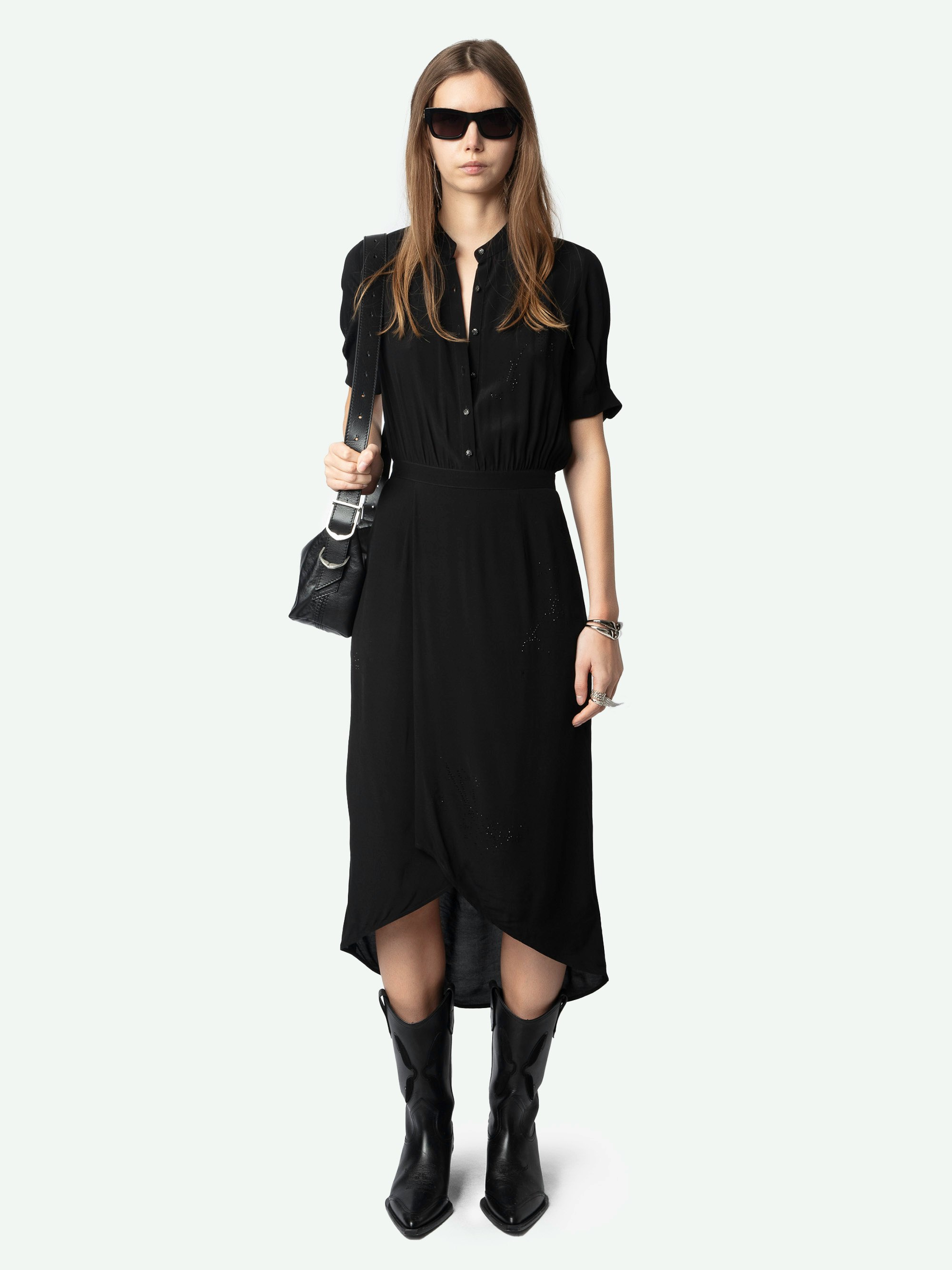 Rimaz Dress - Mid-length asymmetrical dress in rhinestone viscose, short sleeves, wrap skirt and buttoned neckline.