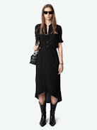 Rimaz Dress - Mid-length asymmetrical dress in rhinestone viscose, short sleeves, wrap skirt and buttoned neckline.