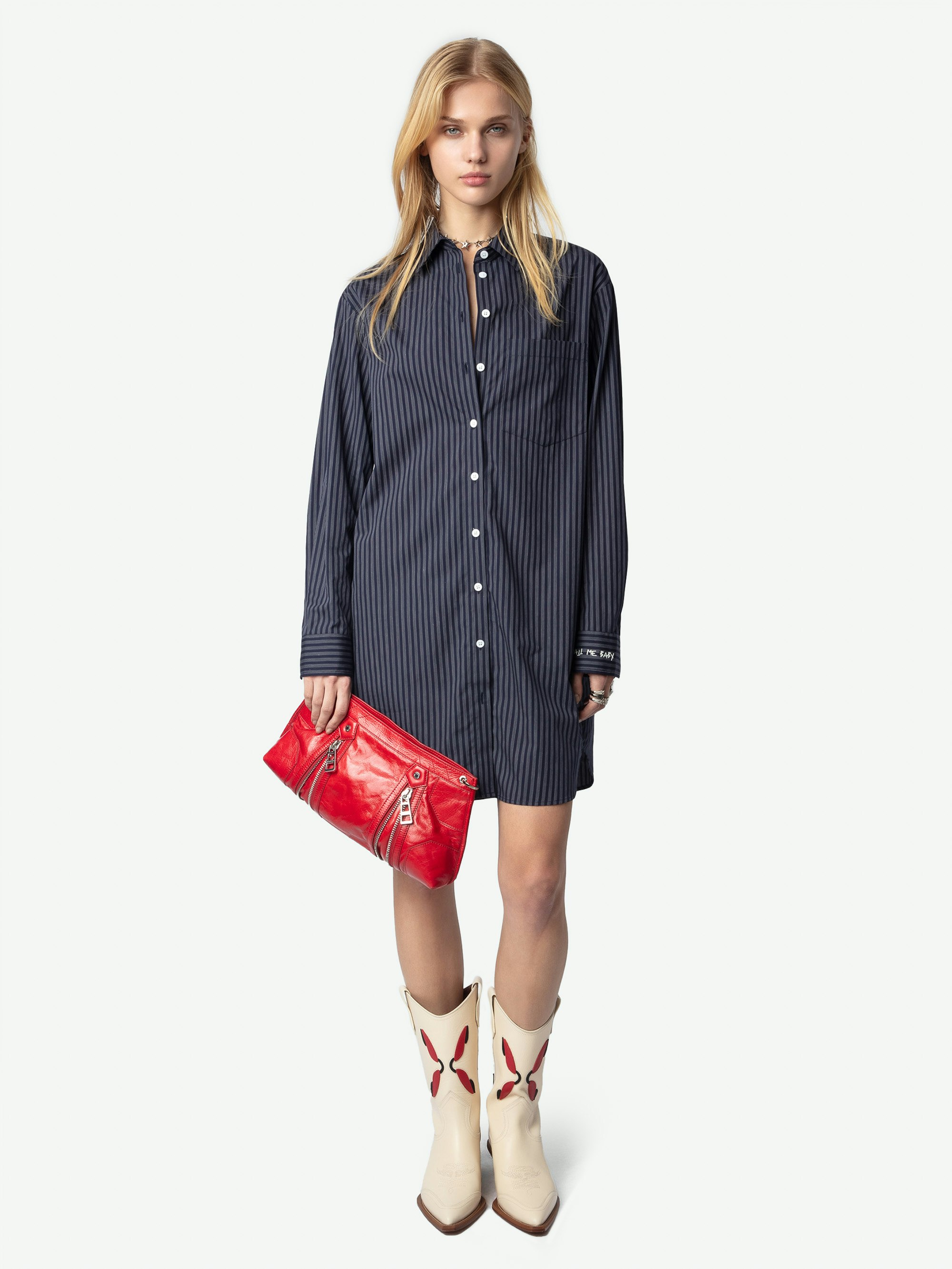 Rorning Dress - Shirt dress in striped poplin with embroidered cuffs.