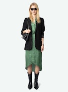 Rimaz Satin Dress - Asymmetrical green dress in Japanese satin with short sleeves, wrap skirt, and buttoned neckline.