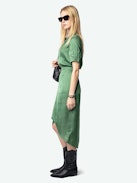 Rimaz Satin Dress - Asymmetrical green dress in Japanese satin with short sleeves, wrap skirt, and buttoned neckline.