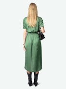 Rimaz Satin Dress - Asymmetrical green dress in Japanese satin with short sleeves, wrap skirt, and buttoned neckline.